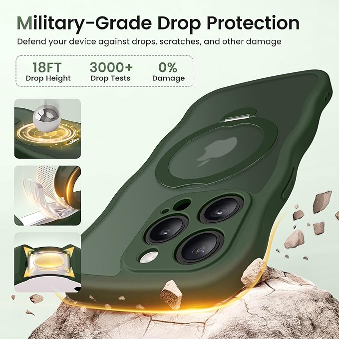 CAPRARO for iPhone 14 Pro Case with 360° Spin Magnetic Stand for Women, [Compatible with MagSafe] [Full Camera Protection] Cute Wave Translucent Matte Case for iPhone 14 Pro,Dark Green
