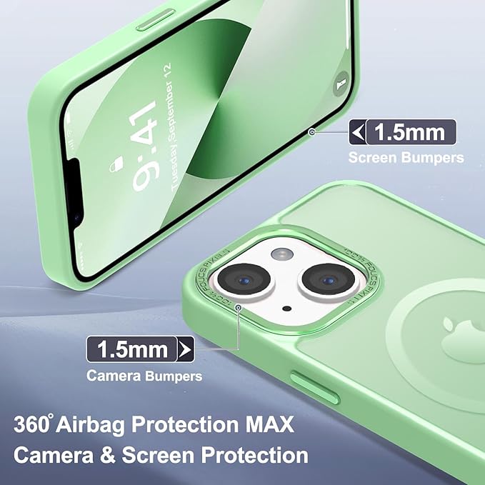 Newfuture Designed for iPhone 13 Case & iPhone 14 Case with Magnetic [13 FT Military Drop Protection] [Compatible with Magsafe] Translucent Shockproof with Anti-Fingerprint Phone Case, Matcha Green