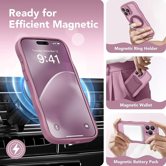 CAPRARO for iPhone 16 Pro Max Case for Women Girls, Upgraded [Full Camera Protection] [Compatible with MagSafe] Cute Wave Translucent Matte Phone Case for iPhone 16 Pro Max, Black Currant