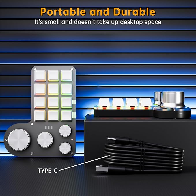 Programmable Macro Keyboard 12-Keys 4 Knob Gaming Keypad with USB Wired+BT Dual Mode Multi-Purpose Shortcut Custom Keypad for PC Desk