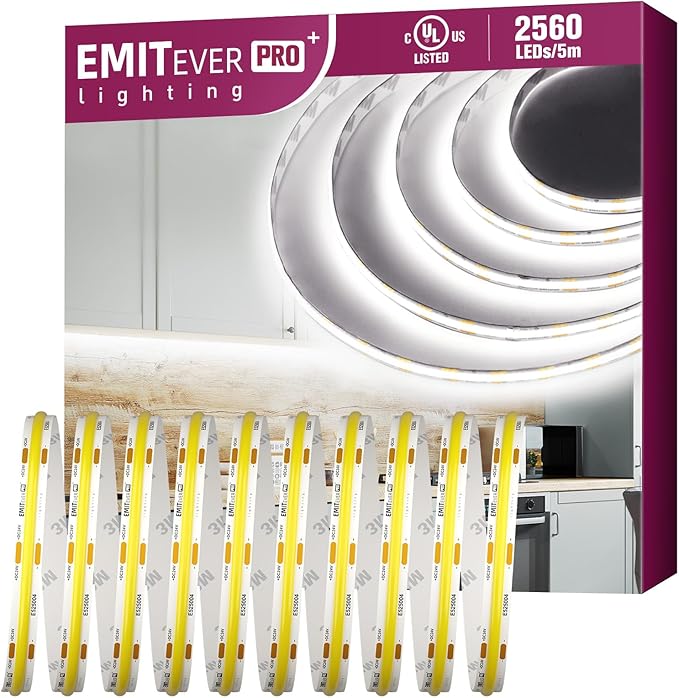 EMITEVER COB LED Strip Lights White, 5000K Tape Light Premium High Density, DC 24V, 360+Lumens/ft, 2560LEDs/Spool, Ra 90+, 16.4ft/5m, UL Listed 5 Year After-Service (Power Supply Sold Separately)