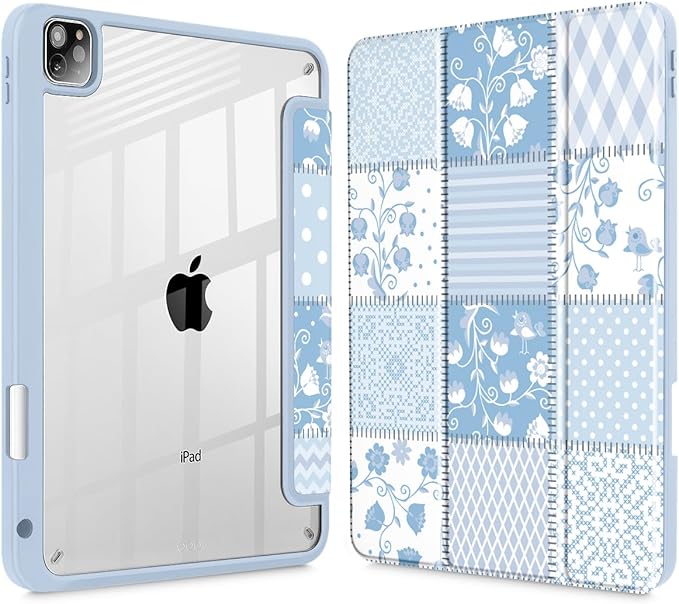 Tuiklol for iPad Pro 12.9 Inch 6th/5th/4th/3rd Generation 2022 2021 2020 2018 Case,Built-in Pencil Holder Clear Transparent Protective Back Shell Cover with Auto Sleep/Wake, Patchwork Floral