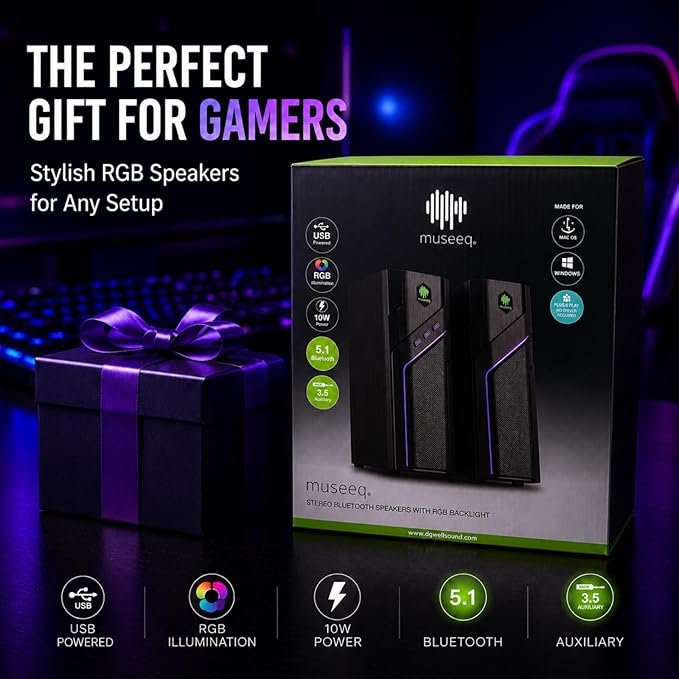 RGB Gaming Speakers for PC, W-206RE Desktop Computer Speakers with 21 LED Light Modes, Touch-Control Lighting, USB Powered Stereo Sound for Laptop & PS5