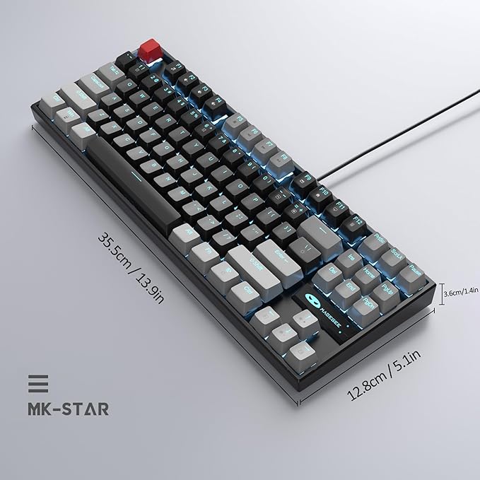 MageGee 75% Mechanical Gaming Keyboard, Red Switch, LED Blue Backlit, 87 Keys Compact TKL Wired Computer Keyboards for Windows Laptop PC Gamer - Black/Grey