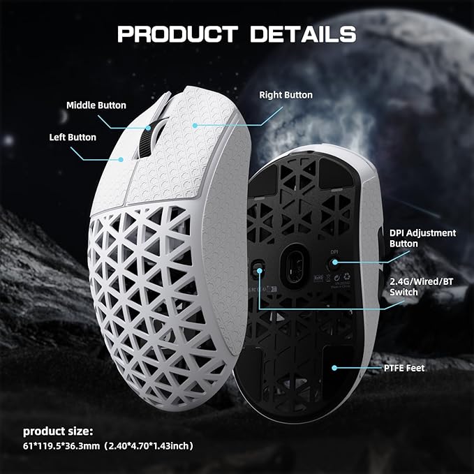MAMBASNAKE M5 Ultra Carbon Fiber 8KHz Wireless Gaming Mouse,PAW3950MAX Sensor 42K DPI,39g Lightweight Tri-Mode 2.4GHz/BT/Wired Computer Mice,Web Driver Support,for Win/Mac/FPS/MOBA/Esports-White (B)