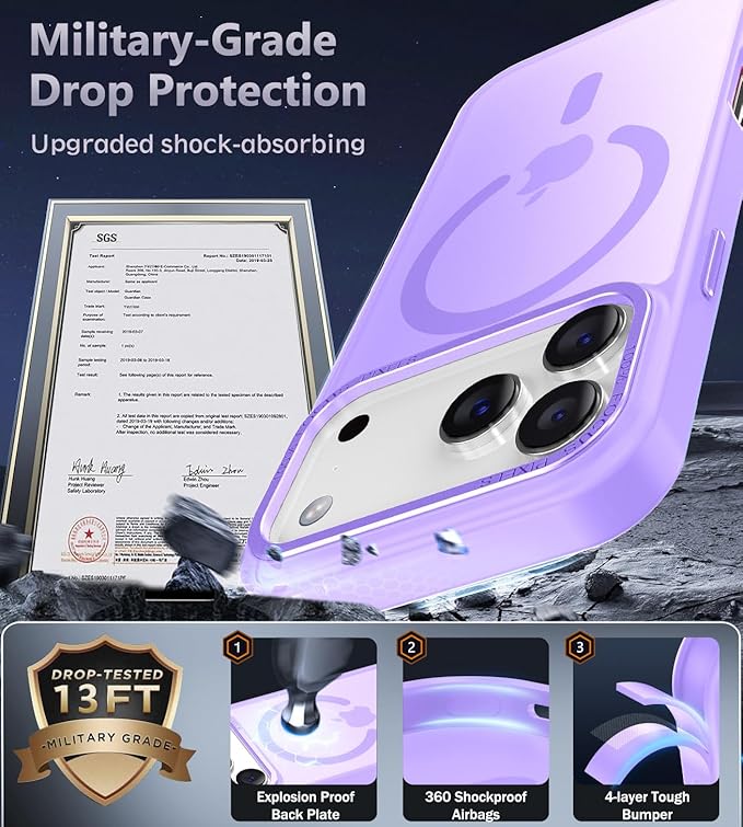 Newfuture Magnetic for iPhone 17 Pro Max Case [Compatible with Magsafe] [Military Grade Drop Protection] Translucent Matte Anti-Scratch Shockproof Protective Phone Cover 6.9 Inch, Lilac Purple