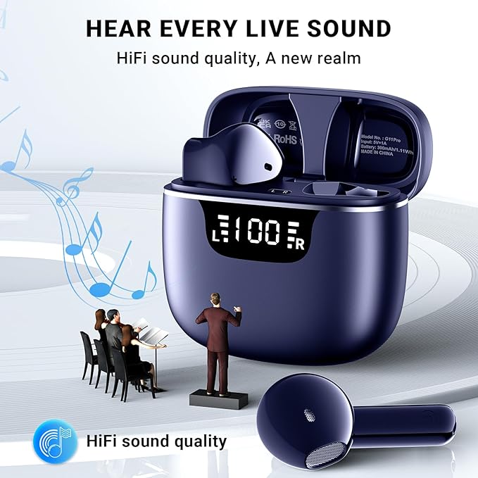 Wireless Earbuds, Bluetooth 5.4 Headphones with 42H Ultralight Ear Buds, Bluetooth Earbuds with 4 ENC Noise Cancelling Mics, HiFi Deep Bass Dual LED Display USB-C, IPX6 Waterproof Earphones Blue