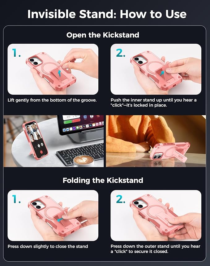Goton for iPhone 16 Case with Privacy Tempered Glass Screen Protector & Camera Lens Protector, Compatible with MagSafe, Invisible Kickstand, Shockproof Phone Cover for iPhone16, Pink