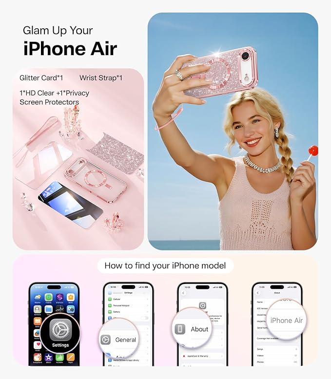 Meifigno Designed for iPhone Air Case 6.5", [Glitter Card & Wrist Strap] [Compatible with MagSafe] [1X HD+1X Privacy Screen Protectors] Lens Protection Slim Case Designed for iPhone 17 Air, Rose Gold