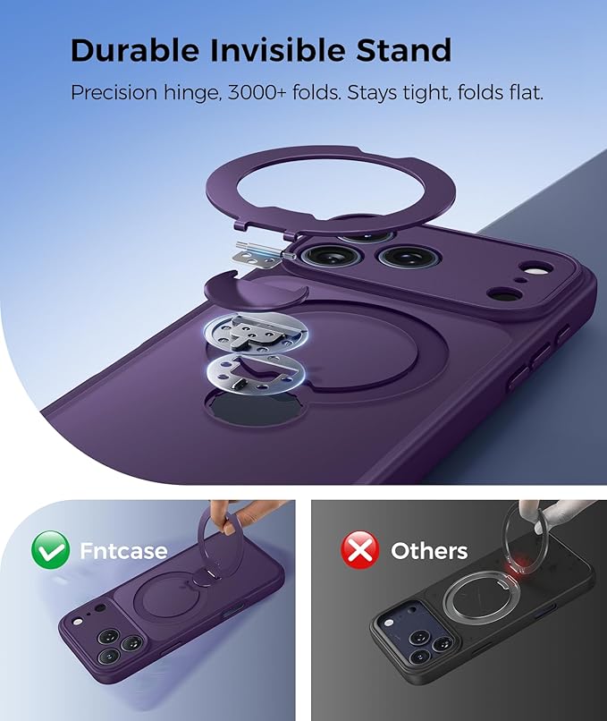 FNTCASE for iPhone 17 Pro-Max Case: [360 Spin Magnetic Stand] [Compatible with Magsafe] [Screen Protector] Translucent Matte Military Grade Shockproof Full Camera Protective Phone Cover - Purple