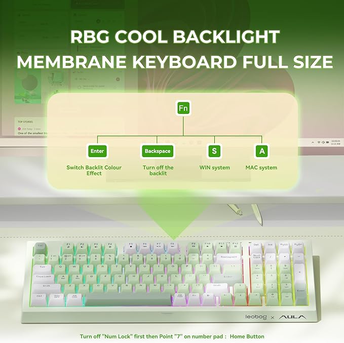 Aula Keyboard, Wireless Gaming Keyboard Bluetooth Computer Keyboards Creamy Color Cute Fun Quiet Keyboard with Number Pad Light Up RGB Backlit Tri-Mode BT/2.4GHz/USB-C - K99 Green