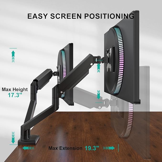 WALI Dual Monitor Stand for 13-32 inch Computer Screens, Dual Monitor Arms for 2 Monitors Holds up to 22 lbs, Height Adjustable Dual Monitors Mount, VESA 75x75/100x100mm (GSMP002N), Black
