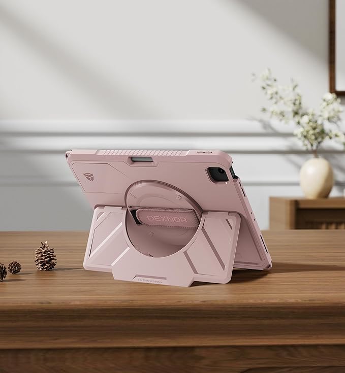 Dexnor Case for iPad Air 13 inch M4/M3/M2 (2026/2025/2024), Rugged Protective Case with 360° Rotating Hand Strap& Steady Stand& Screen Protector& Pencil Holder Shockproof Full-Body Bumper Cover, Pink