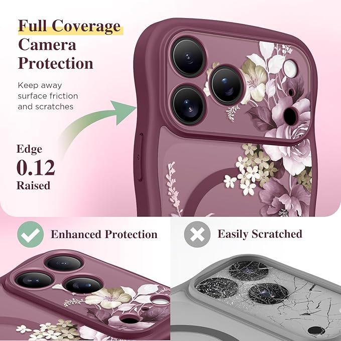GVIEWIN for iPhone 17 Pro Case Compatible with MagSafe [Curly Wave Edge][Full Camera Protection]Floral Translucent Shockproof Magnetic Women Phone Case for iPhone 17 Pro 6.3'',Cherry Blossoms/Burgundy