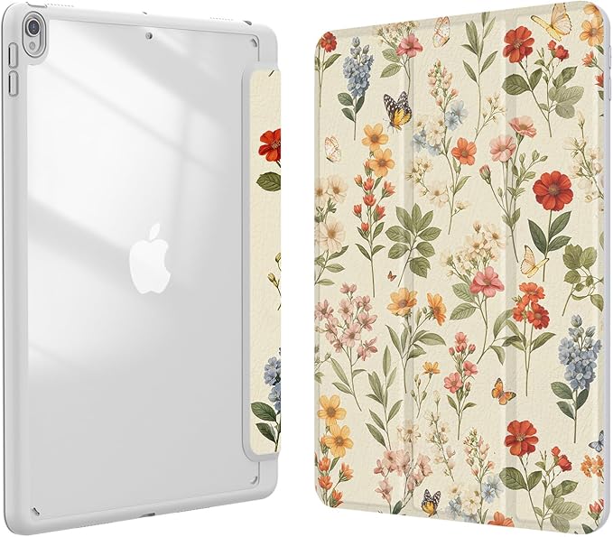 Case for iPad pro 10.5 inch 2017/ iPad Air 3rd Generation 2019, Case with Pencil Holder, Stand Clear Back Cover Cute Cool Design for Women Girls, Auto Sleep/Wake, Wildflower B