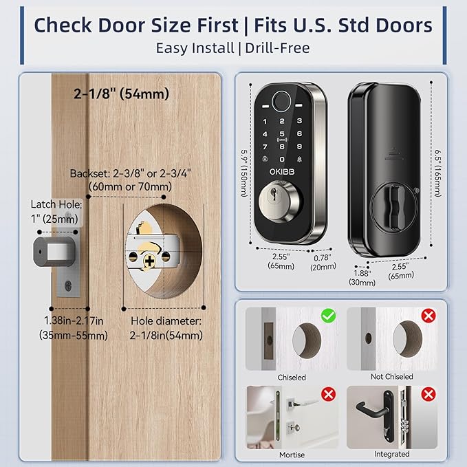 Fingerprint Door Lock for Front Door Built-in Wi-Fi OKIBB, Smart Keyless Entry Door Lock with APP Touchscreen Keypad Deadbolt, Emergency Power Port, One-Touch, IP54 Weatherproof, BHMA Grade 3