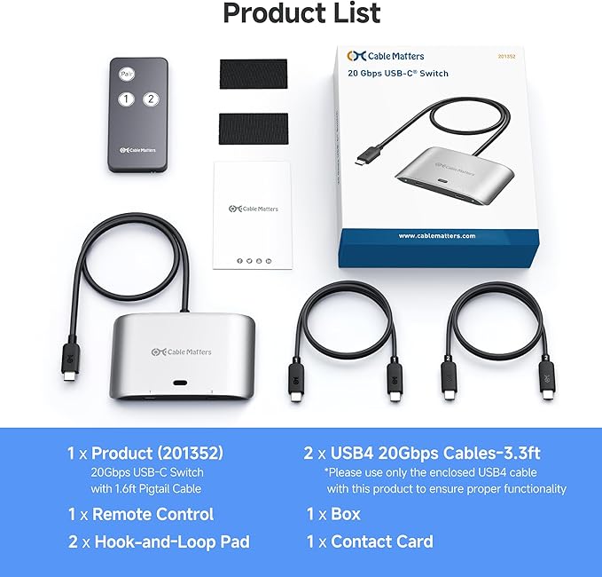 Cable Matters 20Gbps USB C Switch for 2 Computers, Up to 8K@30Hz on Windows, 4K@60Hz on macOS, 140W PD, for Sharing a USB-C/Thunderbolt 4 Monitor or Dock (Not for Dock with an Attached Cable)