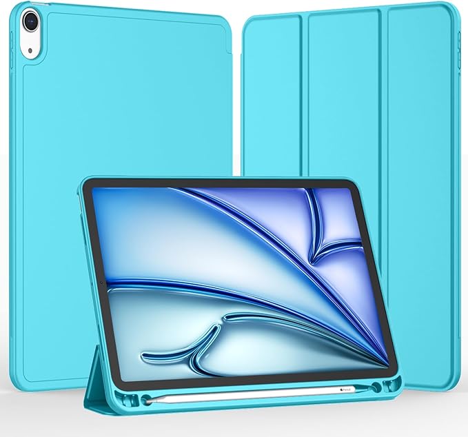 iMieet iPad Air 11 Inch Case M4/M3/M2(2026/2025/2024), iPad Air 5th/4th Generation Case 2022/2020 10.9 Inch with Pencil Holder,Trifold Stand Smart Case with Soft TPU Back(New Cyan)