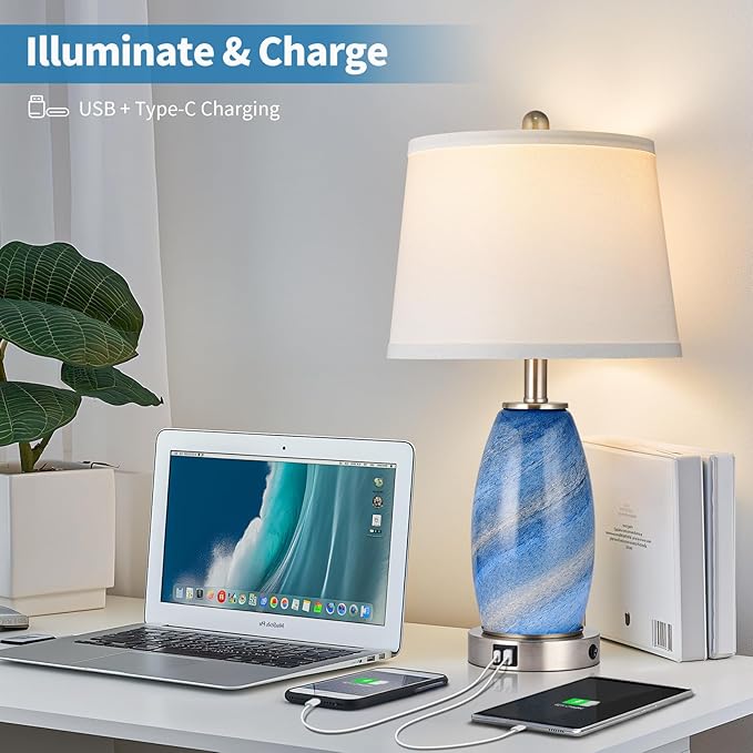 Lovlast Blue Lamps Set of 2 for Bedroom & Bedside with 3-Way Lighting Modes & USB C+A - Modern Style Glass Nightstand Table Lamps for Living Room & Bedroom Decoration (23.5" H)