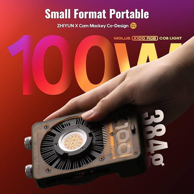 ZHIYUN MOLUS X100 RGB PRO V2 100W Full Color Portable RGB Video Light Continuous Output Lighting with PD Fast Charging,CRI 95+, APP Control 384g for Youtuber Tiktok