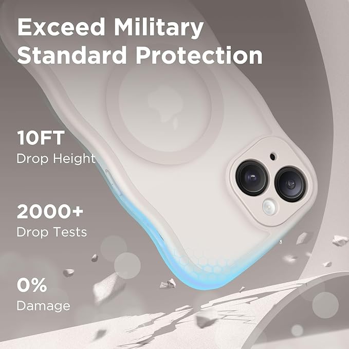 CAPRARO Cute for iPhone 15 Plus Case, Compatible with MagSafe, [Curly Wave Edge] [Full Camera Protection] [14 FT Drop Protection] Magnetic Phone Case for 15 Plus 6.7 Inch, Stone