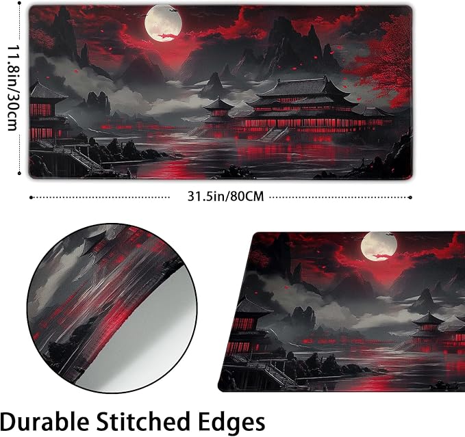 Riverside Full Moon Desk Mat Japanese Desk Pad Black Red Large Mouse Pad Gaming Mousepad 31.5"x11.8" Extended XXL Keyboard Pad Japanese Laptop Pc Computer Mouse Keyboard Mat for Home Office Work Game