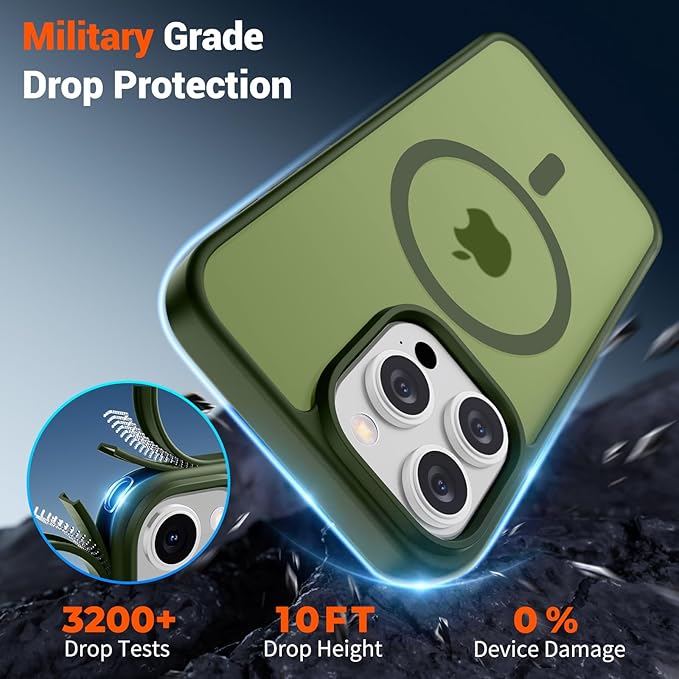 SUPFINE Magnetic for iPhone 15 Pro Case (Compatible with MagSafe) (Military Grade Drop Protection) Translucent Matte Shockproof with Anti-Fingerprint Phone Case,Cangling Green