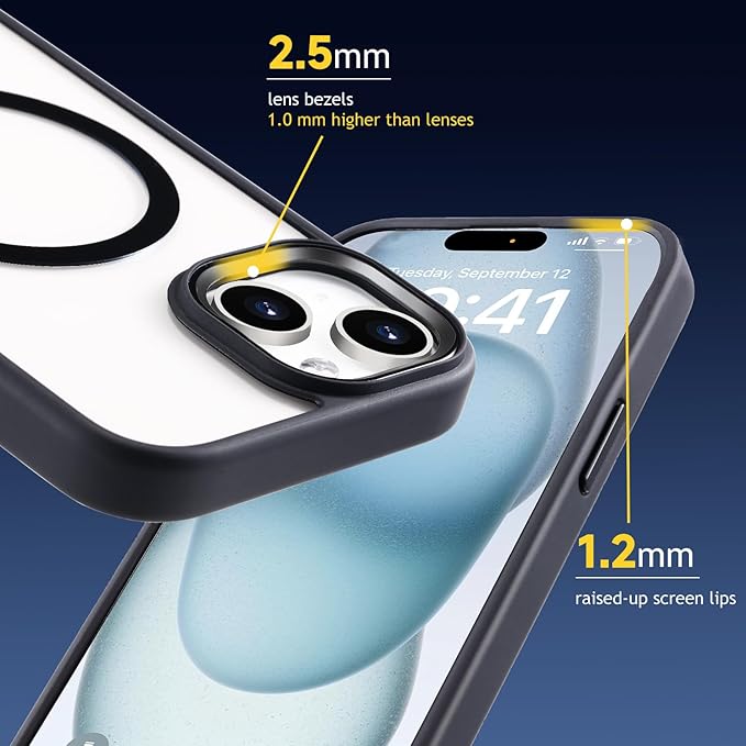Tigowos Compatible with iPhone 15 case [Fits MagSafe][10FT Drop Resistant] Clear Shockproof Slim Fit iPhone 15 Phone Cases, Clear Black