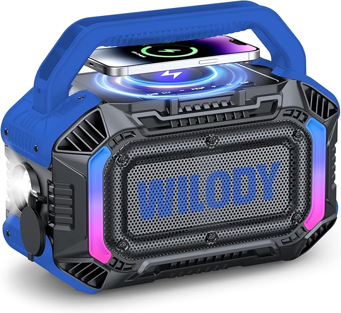 Wilody Speakers Bluetooth Wireless, 100W Loud Outdoor Speaker with Bass, IPX7 Waterproof Floatable, 20H Playtime, Wireless Charge, TWS, RGB Light, Portable Speaker for Work, Garage, Outdoor (Blue)