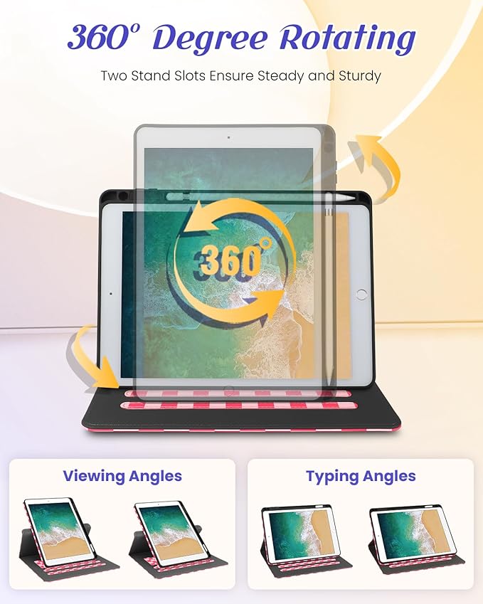 Kidcube for iPad 5th Generation Case 2017/Air 1st 2013/Pro 9.7 Inch Case 2016 - Women Girls Kids Cute Rotating Stand Folio Cover with Pencil Holder & Card Slot Girly Pretty Unique Teens Design Cover