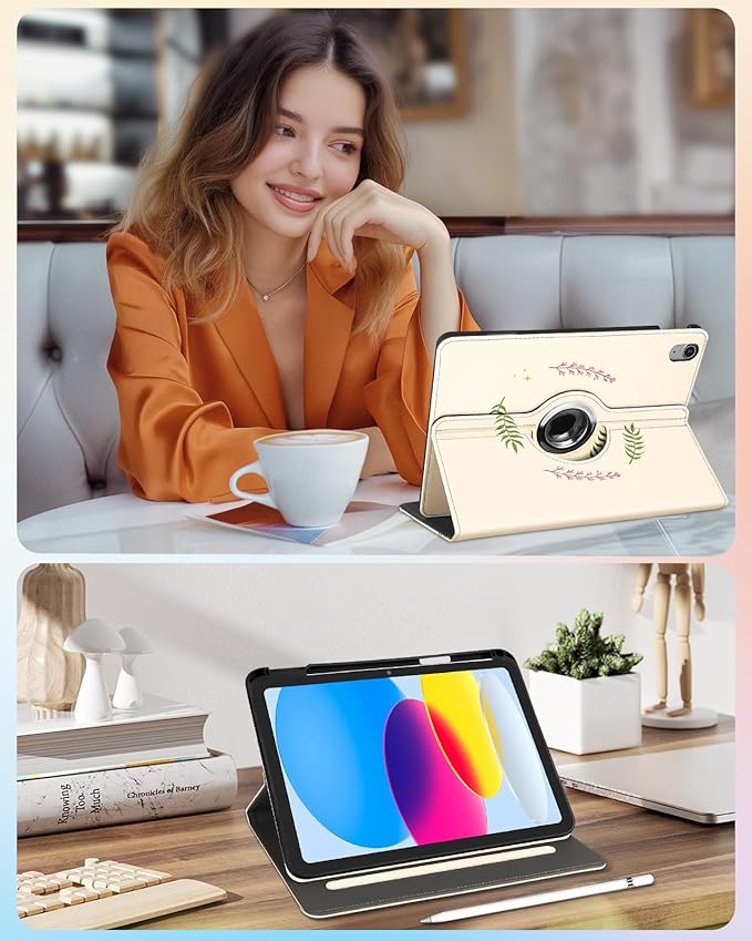 Kidcube for iPad 10th Generation Case 2022, for iPad (A16) Case 11th Generation 2025 - Women Girls Kids Cute Rotating Stand Folio Cover with Pencil Holder & Card Slot Cool Frog Mushroom Design Cases