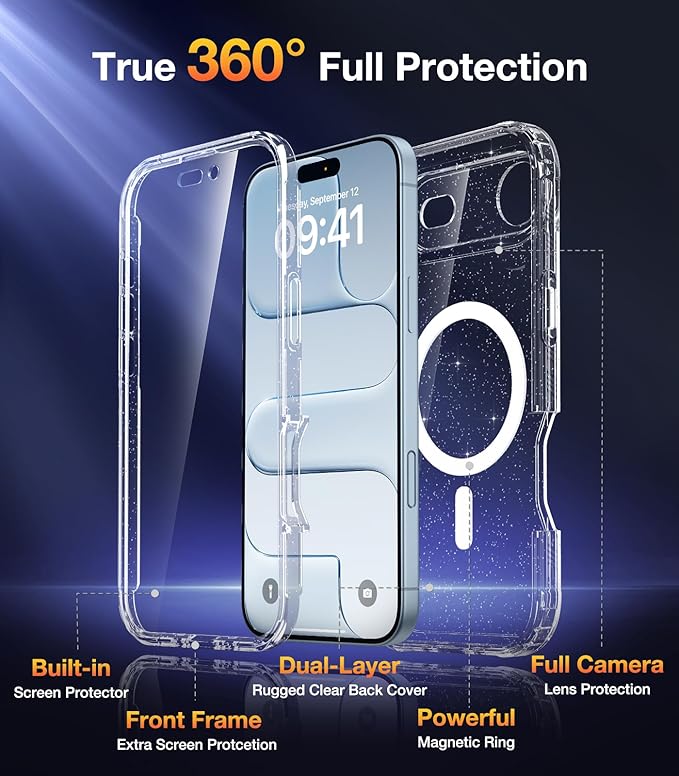 Diaclara Magnetic Designed for iPhone Air Case Full Body Bumper,[Compatible with MagSafe] Military Drop Proof Cover with Built-in Touch Sensitive Anti-Scratch Screen Protector Clear Glitter