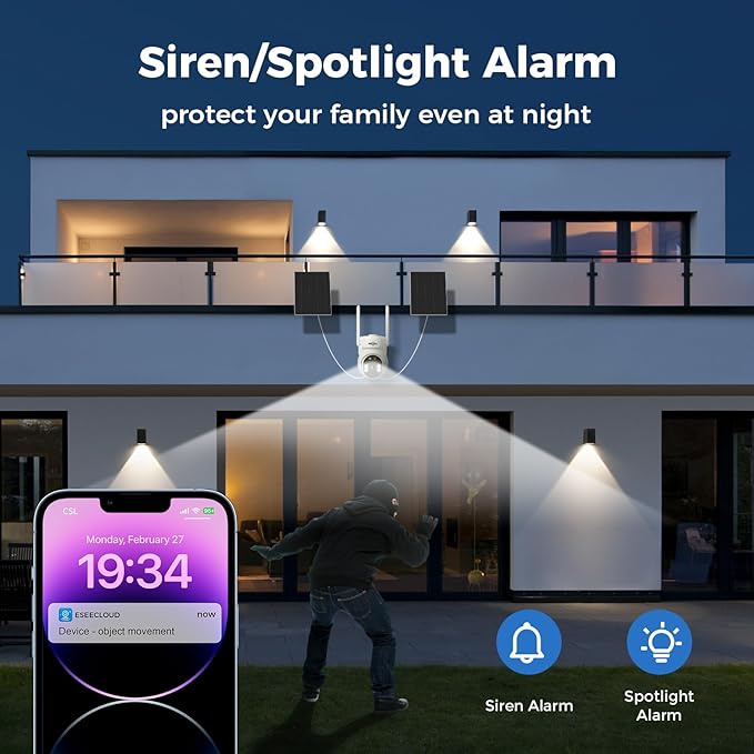 Hiseeu Solar Powered Security Camera, 24/7 Recording, 4MP 100% Wireless Outdoor Camera, 360° PTZ View, PIR Motion Detection, Color Night Vision, 2-Way Audio, IP66 Waterproof, No Monthly Fees
