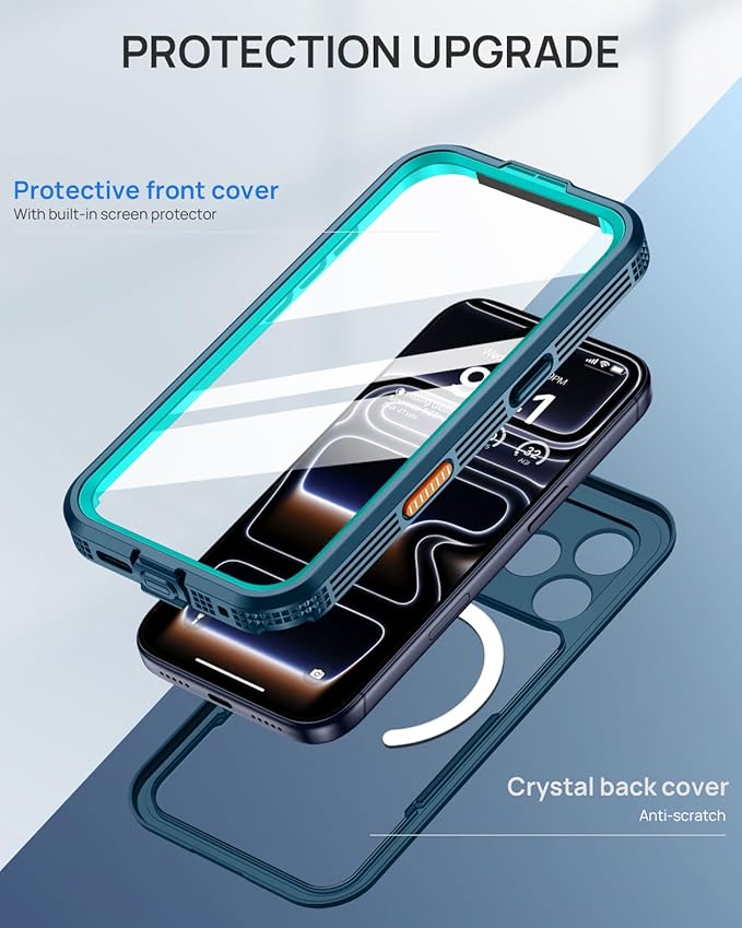 Lanhiem Magnetic for iPhone 17 Pro Case, IP68 Waterproof, Dustproof, Compatible with Magsafe, Built-in Screen Protector, Full Body, Heavy Duty, Rugged Phone Cover, 6.3 inch, Blue