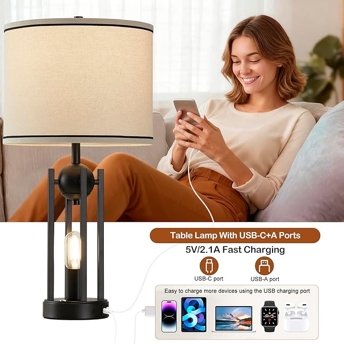 25'' Farmhouse Table Lamps for Living Room Set of 2 with USB C+A Ports, Vintage Bedside Lamp for Bedroom, Touch Lamps for Nightstand, Dual Lights Independent Switch, 4 Bulbs Included, Black