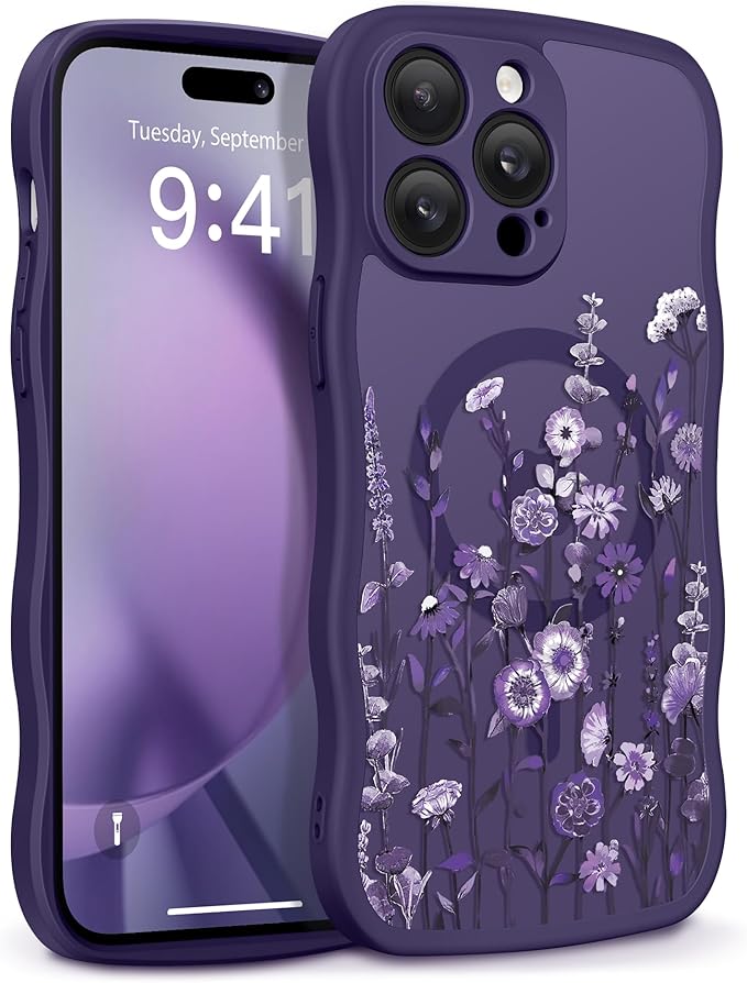 GVIEWIN for iPhone 14 Pro Max Case Compatible with MagSafe [Curly Wave Edge][Full Camera Protection] Floral Translucent Shockproof Magnetic Women Phone Case for 14 Pro Max, Floratopia/Deep Purple