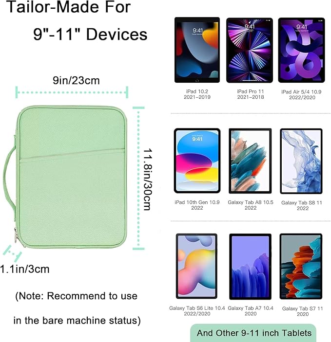 9-11 Inch Tablet Carrying Case, Padded Travel Sleeve Bag for iPad Pro 11-in (M4), iPad 10.9 (10th Gen), iPad Air 11-in (M2), Galaxy Tab S9/S8 (Mint Green-11)