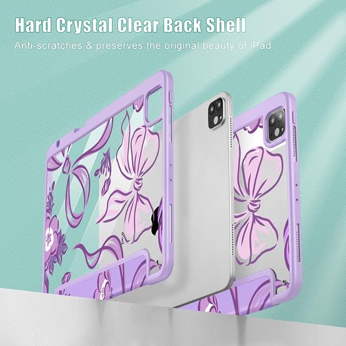 Mektron Case for iPad Pro 11 inch (4th, 3rd, 2nd & 1st Gen) 2022 2021 2020 2018, Buit in Pencil Holder with Shockproof Cover Clear Shell + Auto Wake/Sleep, Flowers-Bows-Purple