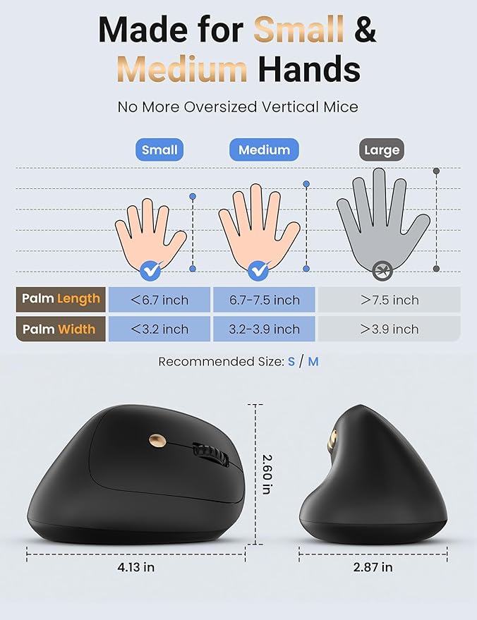 Ergonomic Vertical Wireless Mouse, 57° Natural Handshake for Wrist Pain Relief, Rechargeable 2.4G USB Computer Mouse, Quiet Click, 800/1200/1600 DPI, for Laptop PC Mac, Small/Medium Hands (Black)