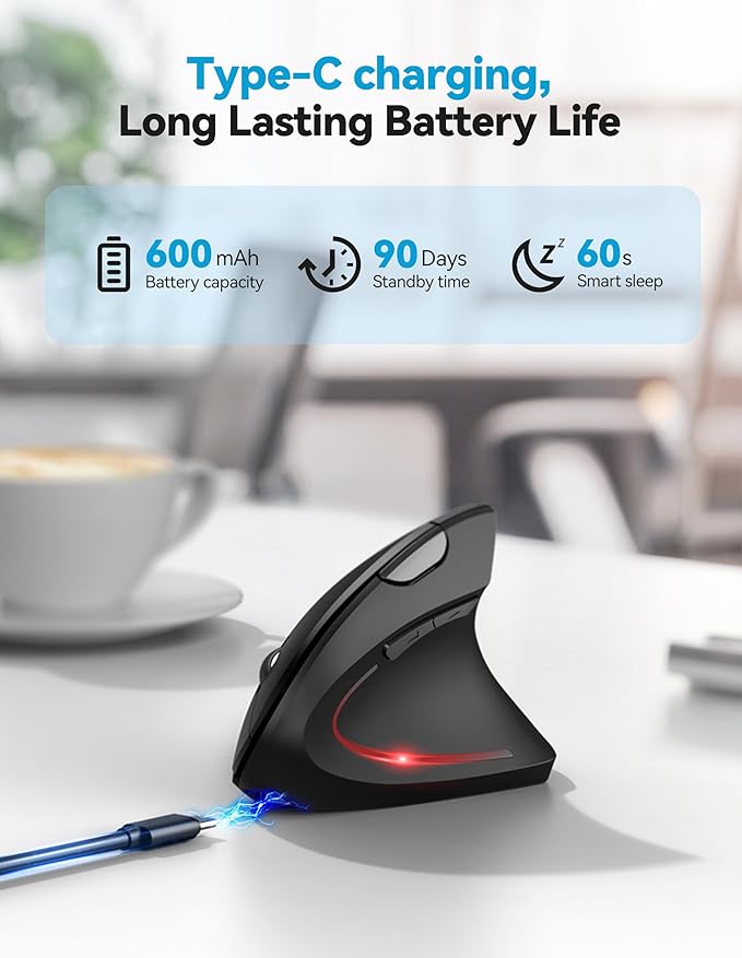 TECKNET Ergonomic Mouse Rechargeable Bluetooth - 4800 DPI Vertical Mice 6 Adjustable Levels, Wireless Optical Carpal Tunnel Mouse Right Hand, Multi Device for Laptop, PC, Computer, MacBook - Black