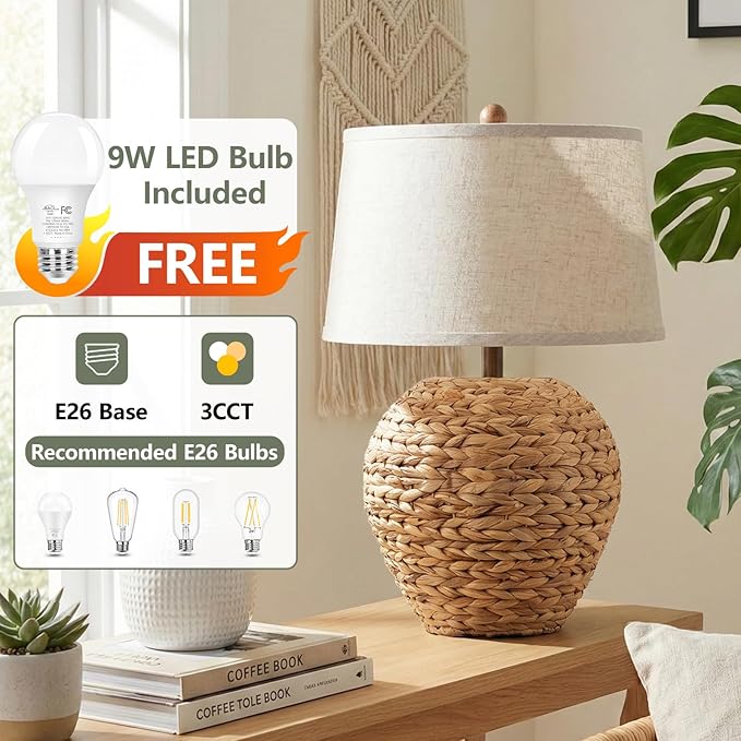 TOBUSA 25’’ Rattan Table Lamp for Living Room, Coastal Boho Wicker Lamp with 3 Color Temperatures, Farmhouse Rustic Seagrass Woven Basket Lamp for Bedroom Nightstand End Table Cottage, Bulb Included