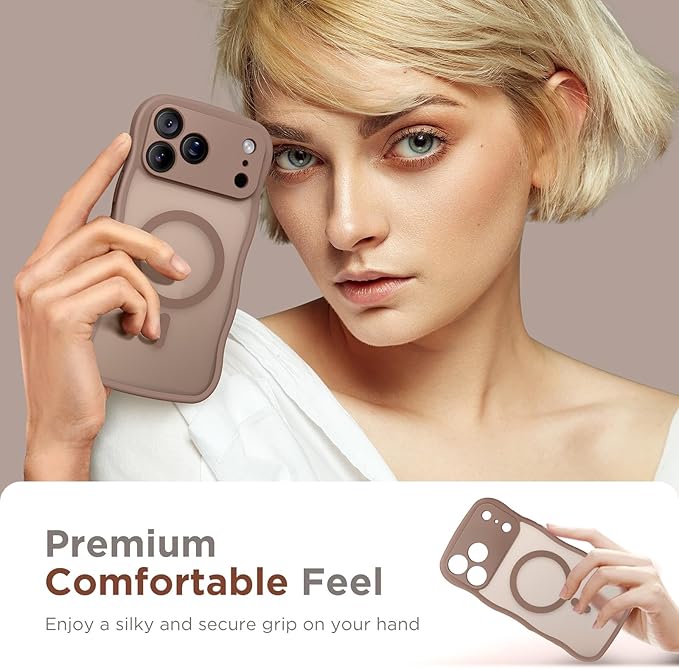 CAPRARO Magnetic for iPhone 17 Pro Case for Women Girls, Upgraded [Full Camera Protection] [Compatible with MagSafe] Cute Wave Translucent Matte Phone Case for iPhone 17 Pro, Brown