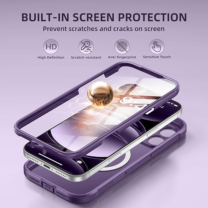 BERFY for iPhone 17 Pro Case, Compatible with MagSafe, Built-in Glass Screen Protector, Camera Protection, Shockproof Full Body Phone case 6.3", Translucent Deep Purple
