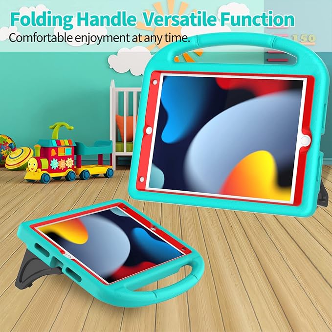 Kids Case for iPad 10.2 & 10.5, iPad 9th/8th/7th Generation 10.2" 2021 2020 2019 Case with Screen Protector, iPad Air 3rd Gen/Pro 10.5 inch Protective Cover with Handle Stand, Cyan&Red