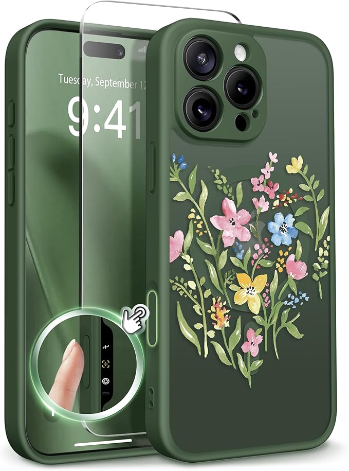 GVIEWIN for iPhone 16 Pro Case Compatible with MagSafe, [Military Grade Protection] [Screen Protector] Full Camera Protection Floral Translucent Women Magnetic Phone Case, Bloomcore/Forest Green