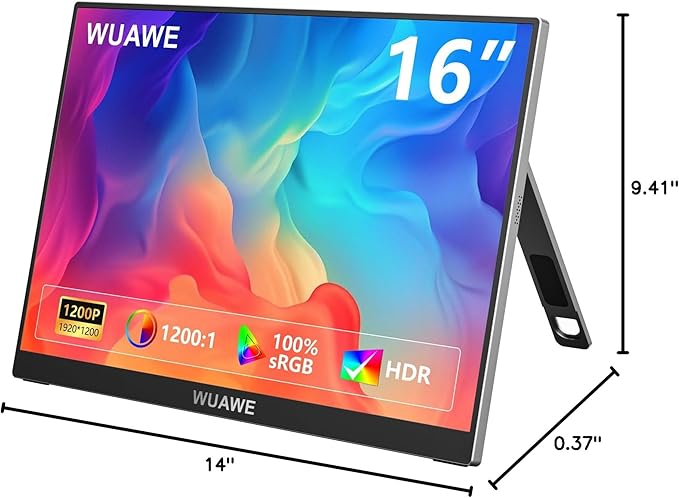 WUAWE 16" Portable Monitor for Laptop, 1920x1200P Plug&Play USB-C HDMI, IPS HDR Freesync Gaming Monitor, External Monitor for PC Mac Phone PS5 Switch(Silver)