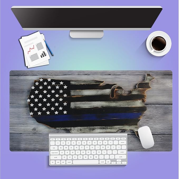 Large Gaming Mouse Pad (31.5" x 15.8") - Vintage Thin Blue Line Map Police Service USA Patriotic Flag Rustic Wood Design, Extended XXL Office Decor, Premium Stitched Anti-Slip Desk Mat