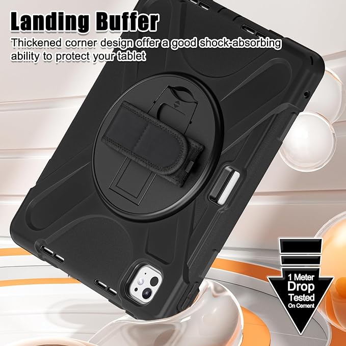 Batianda Case for New iPad Pro 11-inch 2025 M5 2024 M4 Chip Heavy Duty Rugged Durability Silicone Tablet Cover with 360° Rotating Hand Strap Foldable Hidden Stand & Shoulder Strap, Black