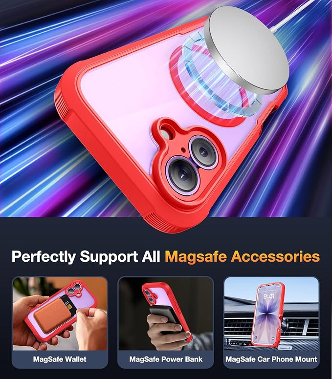 Diaclara Magnetic Designed for iPhone 17 Case 6.3'' Full Body Bumper,[Compatible with MagSafe] Military Drop Proof Phone Case with Built-in Screen Protector,Easy Install,No Gap,Red
