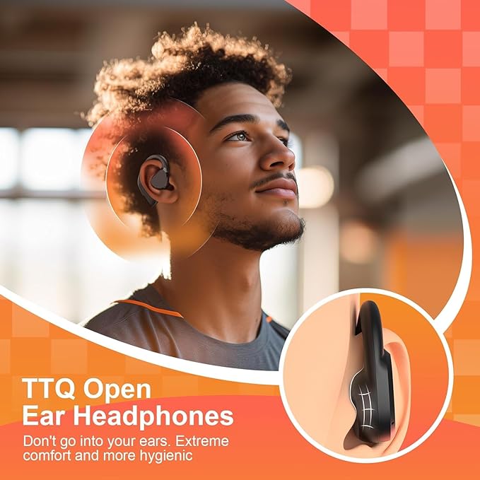 TTQ Open Ear, Open Ear True Wireless Headphones Bluetooth 5.3, Sports with Earhooks & Mic, 60H Playtime, Wireless Charging Case & LED Display, Waterproof for Running, Workout、